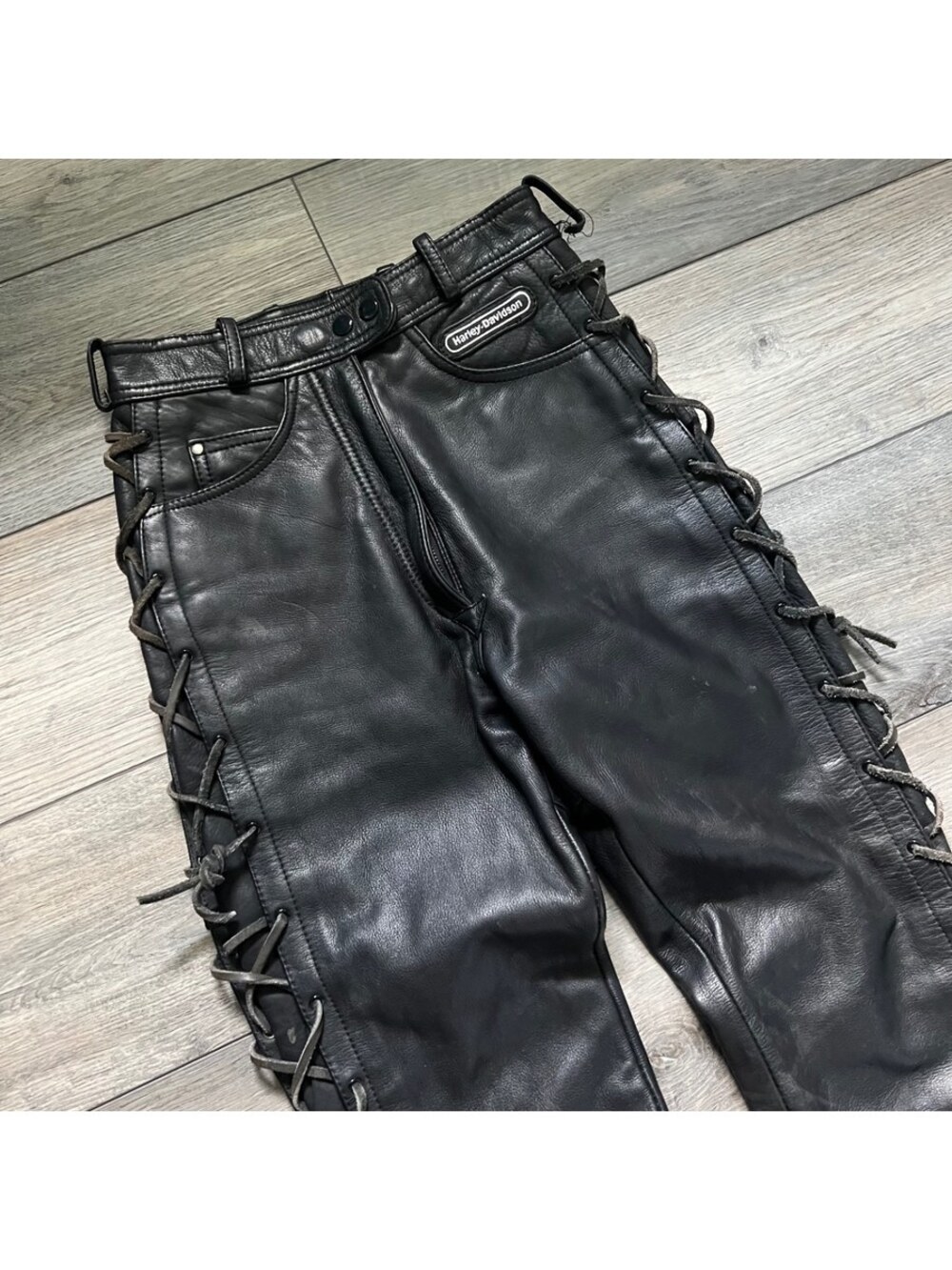 Vintage Harley-Davidson Women's 8 Leather Lace Up Motorcycle Pants Black - Picture 3 of 14